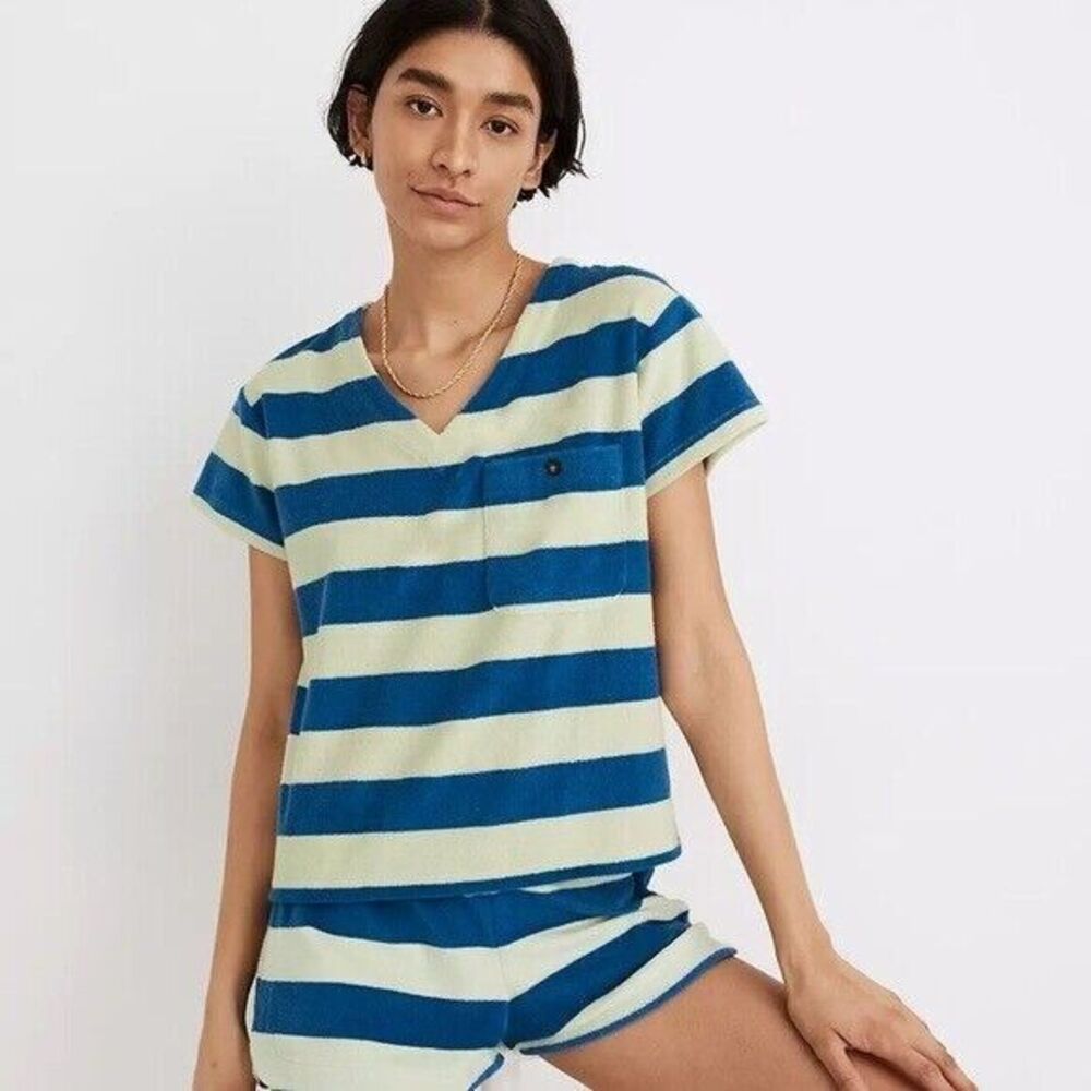 New Madewell V-Neck Pocket Blouse Rugby Stripe Women S Lightweight terry